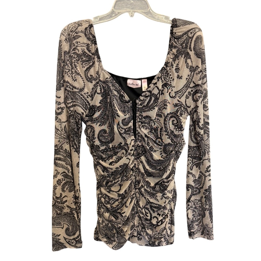 Willow + Root Whimsigoth Romantic Mesh Top Tan Black Paisley Festival Lace Up XL